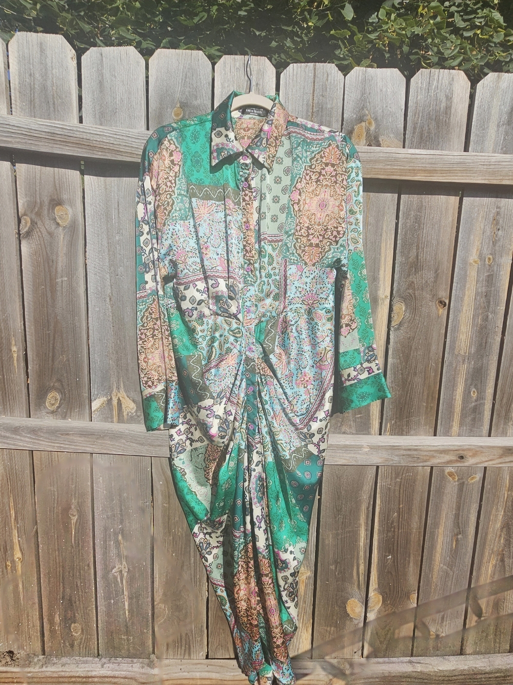 Shein Bohemian Patchwork Twist Front Dress Women's L Draped Boho Green Medley